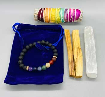 Balancing Kit 4" 7 chakra sage, palo santo stick, selenite & lava bracelet)